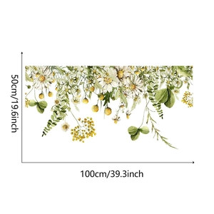 Detail showing dimensions of watercolor tropical green leaf and daisy wall stickers