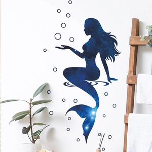 Starry sky mermaid wall decal with bubbles for children bedroom home decoration