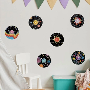 Set of 6 cartoon record wall stickers with solar system and music motifs for kids' rooms