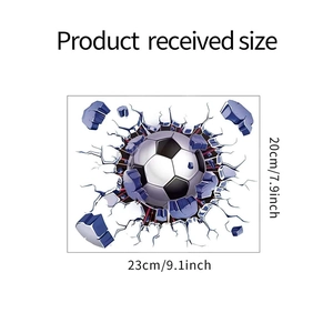 Detail showing the 3D football wall decal dimensions of 23cm by 20cm on white background