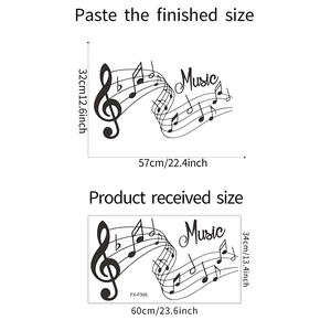 Detailed dimensions of self-adhesive music notes wall decal in 60x34cm layout