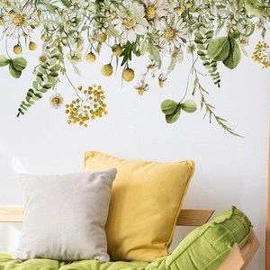 Watercolor tropical green leaf and daisy flower wall stickers for home decoration