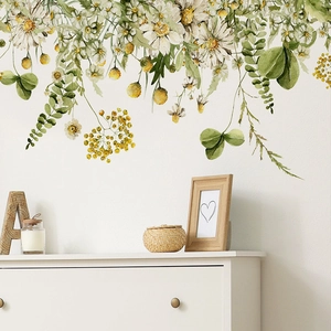 Hanging tropical green leaves and daisy flowers wall decals for bedroom decoration
