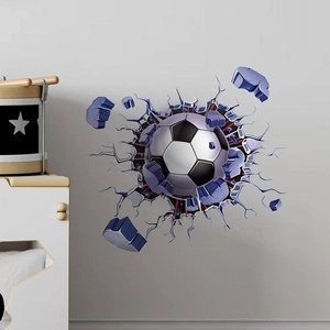 3D cracked wall soccer wall sticker with football flying through stones for home decor