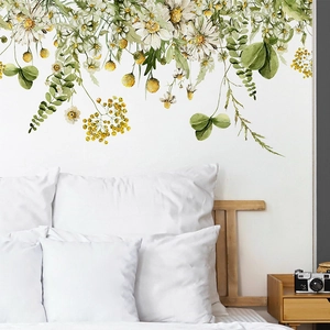 Watercolour tropical green leaf and white daisy wall stickers for a bedroom home decor