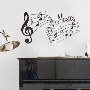 Music notes and staff wall decal with Music lettering for piano room wall decoration