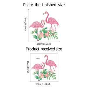 Detail of flamingo wall stickers showing layout size and application measurements