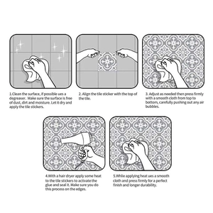 Five-step installation guide for self-adhesive tile stickers using a cloth and hairdryer