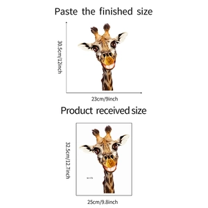 Detailed size comparison chart showing layout and final dimensions of giraffe wall sticker