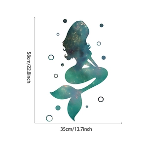 Detail showing dimensions of mermaid wall sticker with galaxy pattern 58x35cm