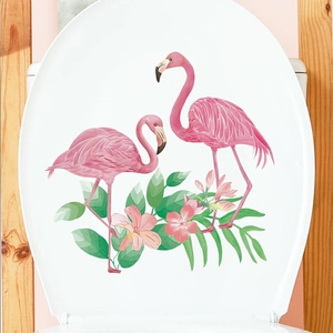 Self-adhesive toilet lid sticker featuring elegant pink flamingos and tropical leaves