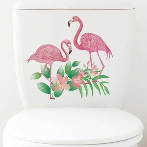 Tropical pink flamingo and floral wall stickers for bathroom toilet decor and home accents