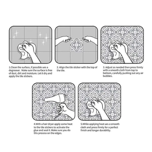 Five-step installation guide for self-adhesive floral tile stickers with clear instructions