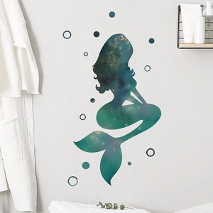 Starry sky mermaid wall decal for bathroom with blue and green nebula silhouette pattern