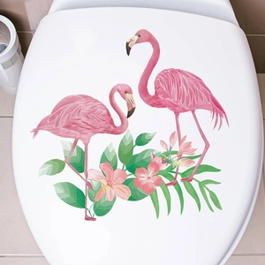 Self-adhesive tropical flamingo toilet seat wall decal with palm leaves and pink floral design