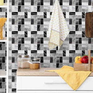 Self-adhesive black white grey geometric wall tiles with faux marble texture for kitchen