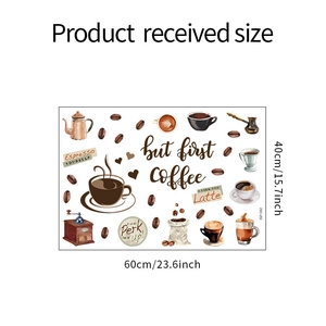 Detail of vintage coffee wall decals with sketches and slogans for home decor