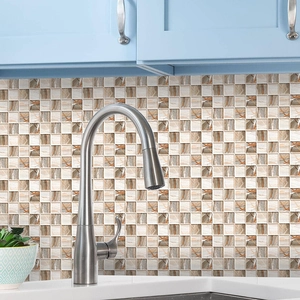 Kitchen backsplash with beige marble mosaic self-adhesive wall tiles and blue cabinets