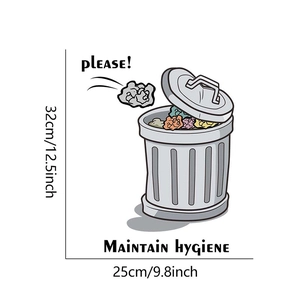 Cartoon style hygiene sticker showing bin with sizes 32x25cm for bathroom decor