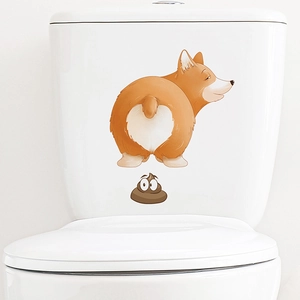 Adesivo murale divertente per WC con cane carino e cacca, decorazione per il bagno