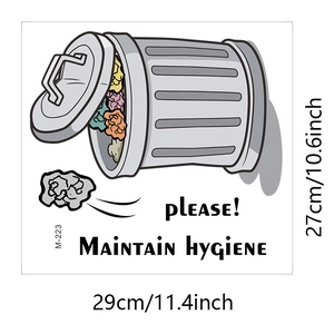 Detailed view of hygiene reminder wall sticker with trash bin icon and 29x27cm dimensions