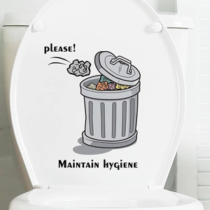 Waterproof toilet seat sticker with a trash can graphic and Maintain Hygiene text