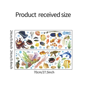 Detail view of two ocean life wall sticker sheets with size labels in watercolor style