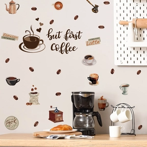 Coffee theme wall stickers with hand-drawn coffee cups and but first coffee slogans