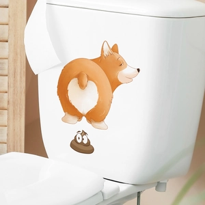 Adesivo murale con corgi cartone animato ed emoji cacca per decorazione del bagno