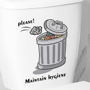 Cartoon trash bin wall sticker with Please Maintain Hygiene text for bathroom decor