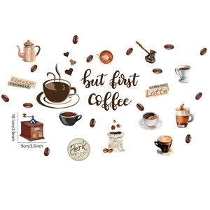 Artistic coffee wall stickers with hand-drawn cups, mocha pots, and beans for home decor
