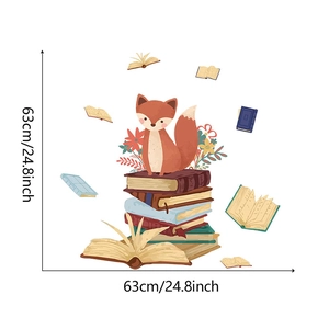 Détail du sticker mural renard mignon de 63cm sur des livres avec dimensions
