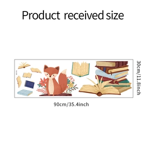 Guide des tailles détaillé des stickers muraux renard et livres, 90cm par 30cm