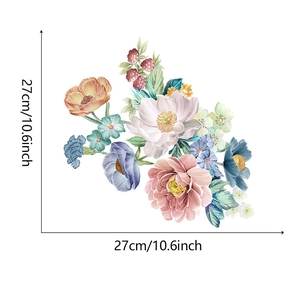Detailed dimension layout of romantic peony floral wall stickers measuring 27cm x 27cm