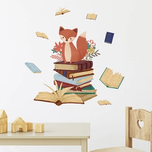Stickers Muraux Renard Mignon Lisant des Livres pour Chambre d'Enfant PVC Auto-adhésif Animaux Fleurs Décoratifs Muraux