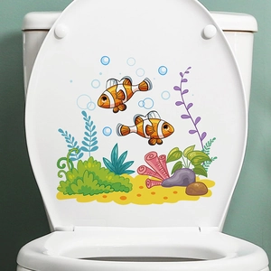 Cartoon ocean world toilet lid stickers with clownfish and coral for home bathroom decor