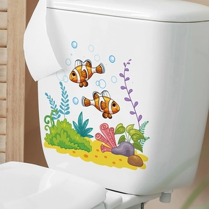 Ocean theme wall stickers with cartoon clownfish and coral for bathroom decor