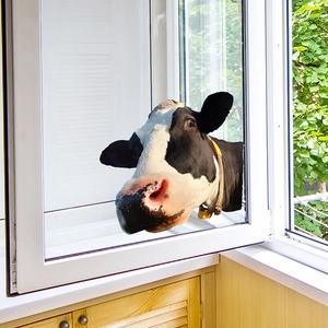 Adesivo da parete 3D mucca cartone animato con collare giallo per finestra bimbi