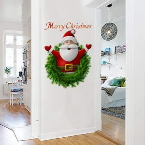 Festive Merry Christmas wall sticker with Santa Claus and green wreath for home decor