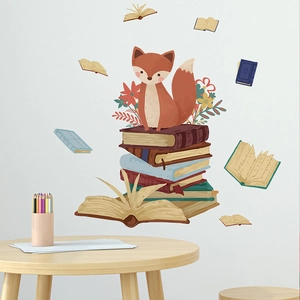 Stickers muraux renard dessin animé et livres colorés pour déco chambre d'enfant