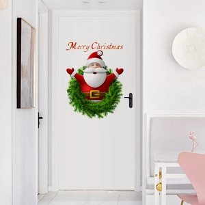 Merry Christmas Santa Claus window sticker with green wreath for holiday home wall decor