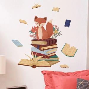 Stickers muraux renard dessin animé et livres pour déco chambre d'enfant