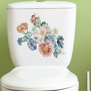 Self-adhesive watercolor peony and wildflower stickers on white toilet tank decoration