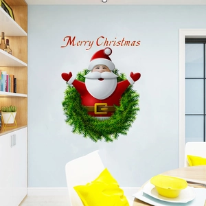 Merry Christmas Santa Claus Wreath Window Stickers PVC Self Adhesive Wall Decals For Glass Door Home Holiday Decoration