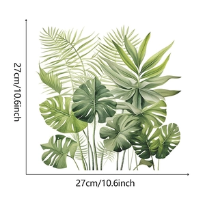 Detailed dimension view of tropical monstera palm leaf wall sticker 27cm x 27cm
