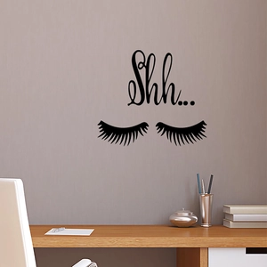 Stickers muraux cils noirs avec texte 'Shh...' pour décoration de chambre moderne