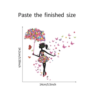 Detailed dimensions of a floral girl wall sticker with a flower umbrella and butterflies