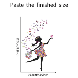 Detail view of floral butterfly girl wall sticker showing dimensions and pattern layout