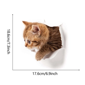 Detailed size specifications for 3D kitten wall decal showing dimensions in cm and inches
