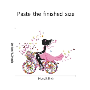 Detailed size specifications for the girl on a flower bike wall sticker, 14cm by 10.4cm